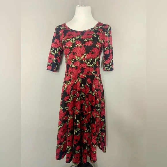 LuLaRoe Nicole Dress Black with Red Florals A-Line - Picture 7 of 7